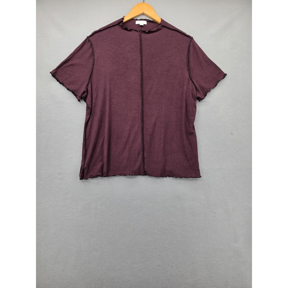 14th & Union 1X Plum Ribbed Lettuce Edge Raw Seam Short Sleeve Top Plus Size